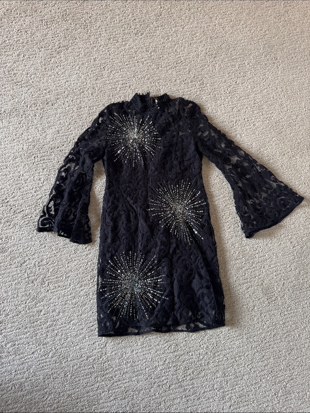 Free People Black Lace Midi Dress with Silver Embellishment